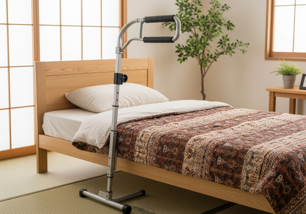 介護ベッドの柵に介護保険は使えるのか|母の在宅介護で調べ直した話 3 住宅街の手すりに座り怪文書を掲げる赤い服の女性