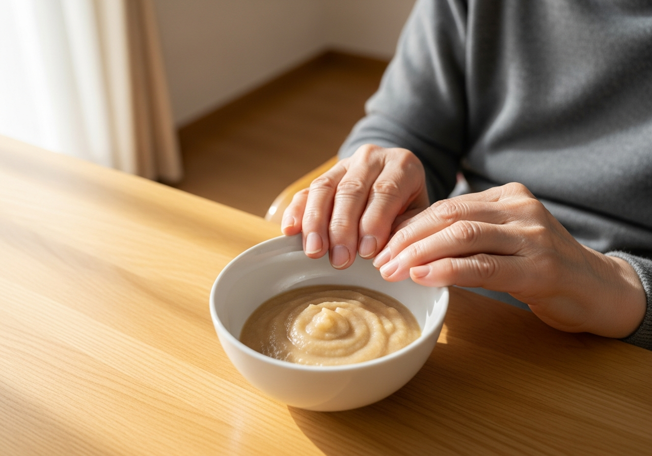 嚥下訓練食は介護保険で買えるのか|母の食卓に揃えた4つの道具 2 朝食の食卓に並ぶパンと卵と牛乳
