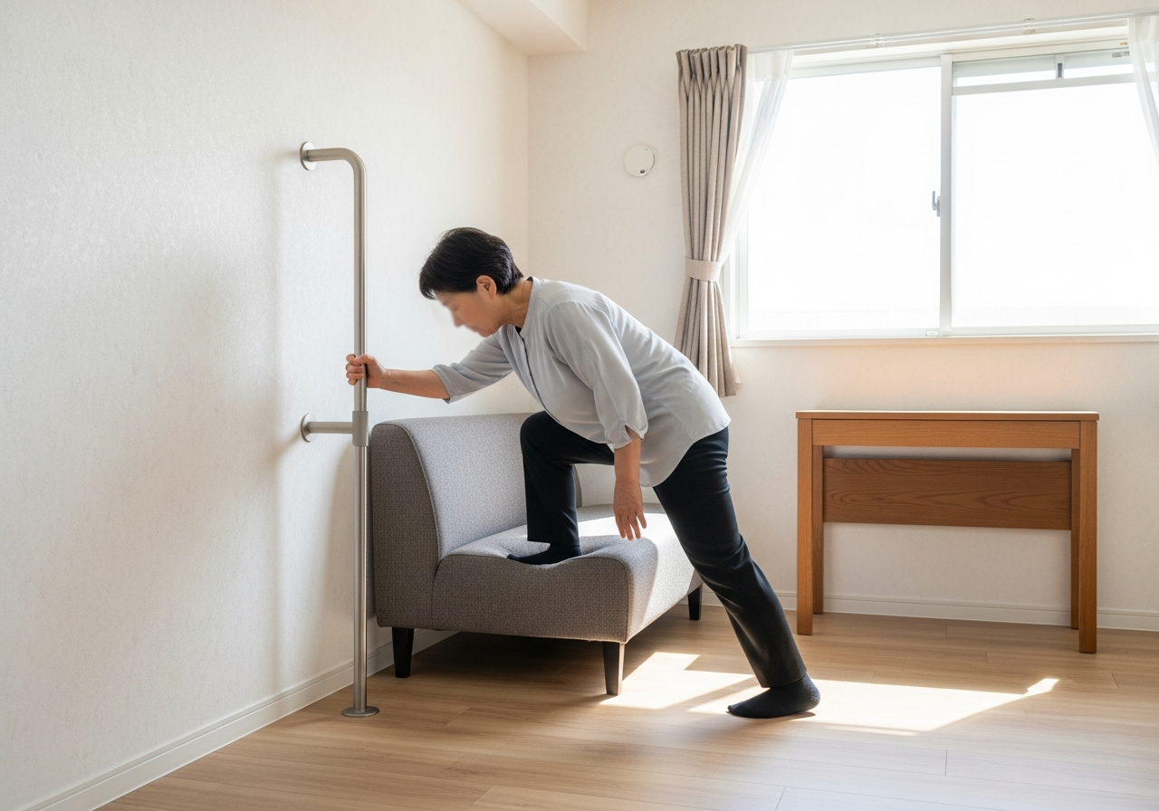 室内用手すりを本気で調べた話|賃貸の限界と本格設置の費用感 3 緑色の通路に放置された錆びた金属椅子の支柱