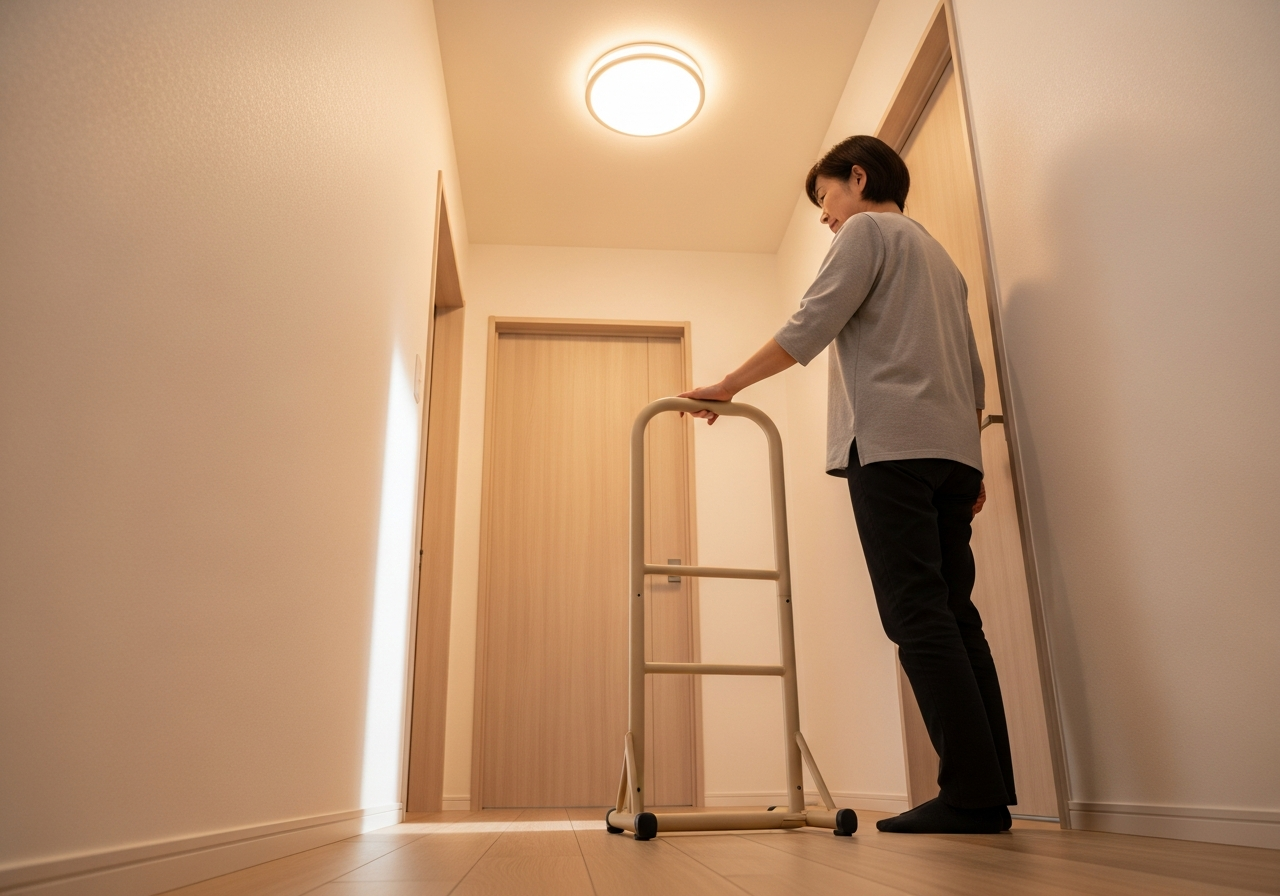 母の移動手すりを買い足した話|据え置き型を選んだ理由 2 A bright, empty hallway with open doors providing a clear perspective & ample daylight.