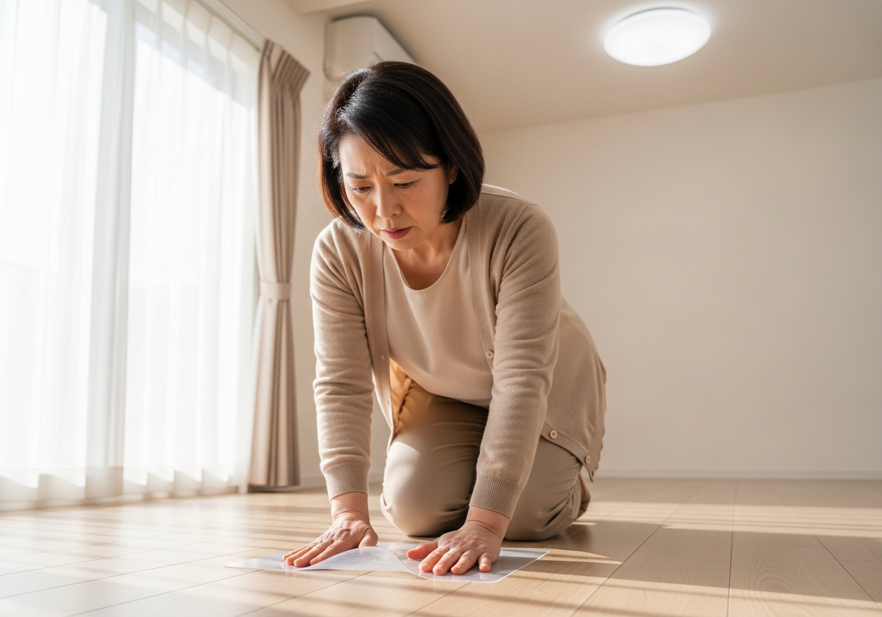 滑り止めシートを在宅介護で3年使ってみて本当に良かったもの【2026年】同じ立場の家族が正直に比較 5 住宅街の手すりに座り怪文書を掲げる赤い服の女性