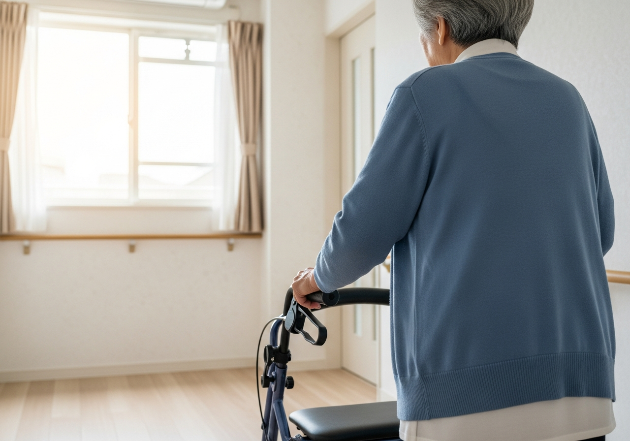 Senior woman using rollator indoors near doorway, preparing to leave home.