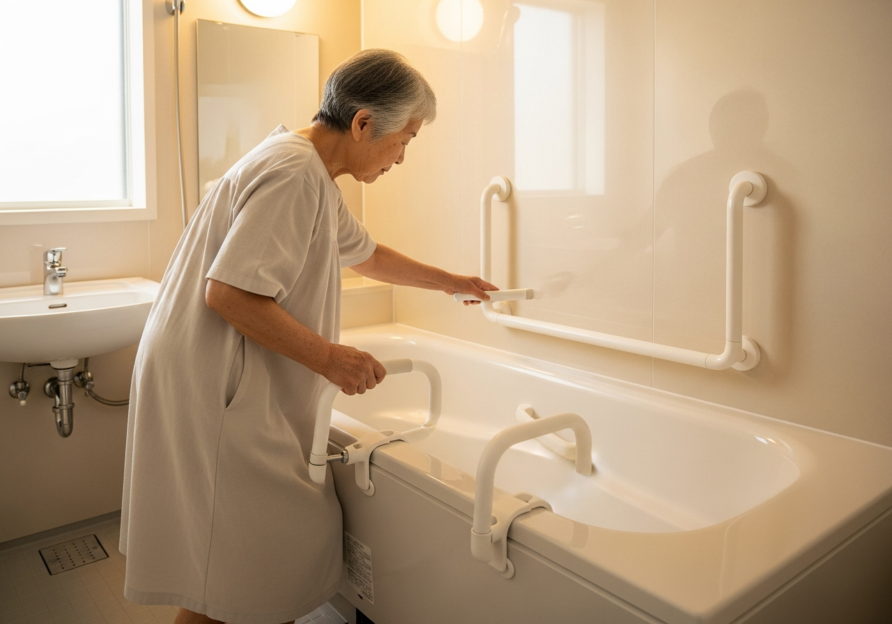 浴槽手すり3つ試して残った1つだけ書いた 2 Close-up of a minimalist bathroom featuring a modern bathtub & chrome faucet against tiled walls.