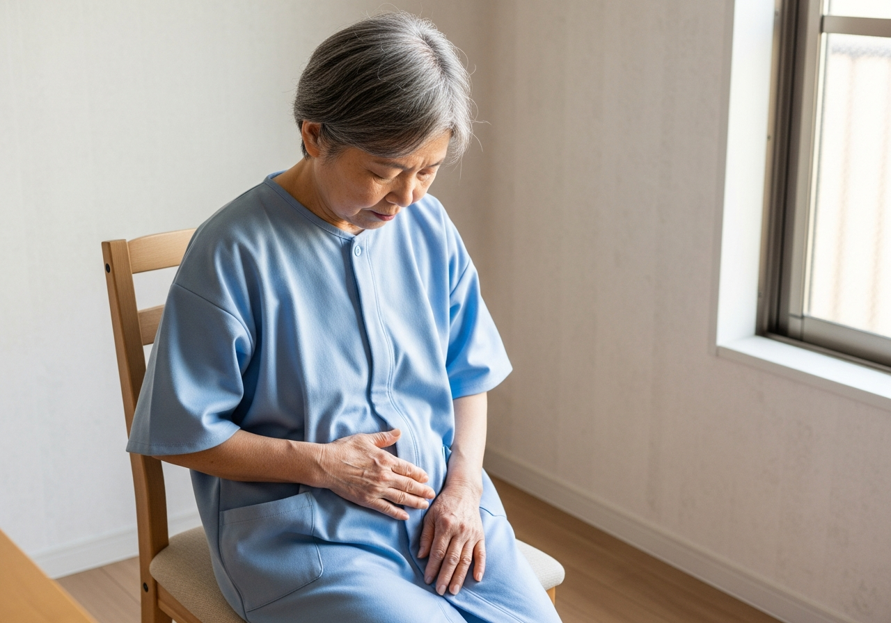 母の着替えが5分になった|介護保険が使えない患者衣の話 2 エプロン姿で二人分お願いできますか、ピースサインをする介護士女性