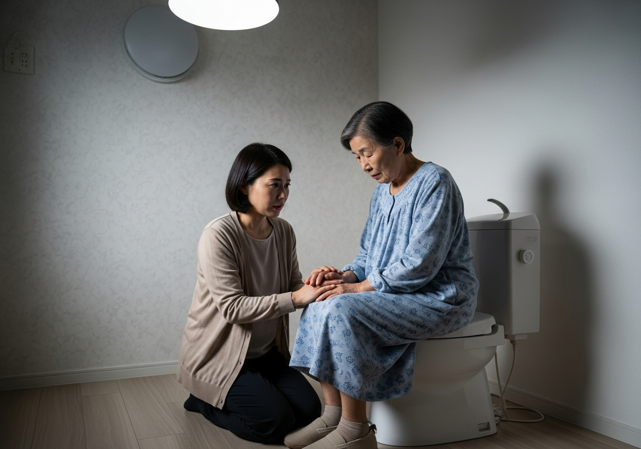 A family member assists a senior in a wheelchair with a blood pressure check, symbolizing care & wellbeing.