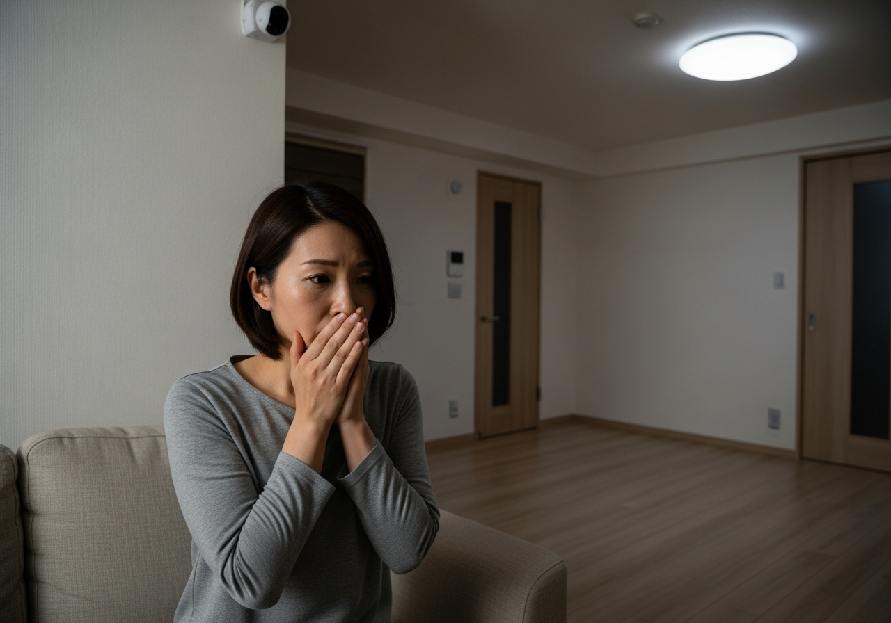 Woman lying under a blanket with a moody expression in a dimly-lit bedroom.