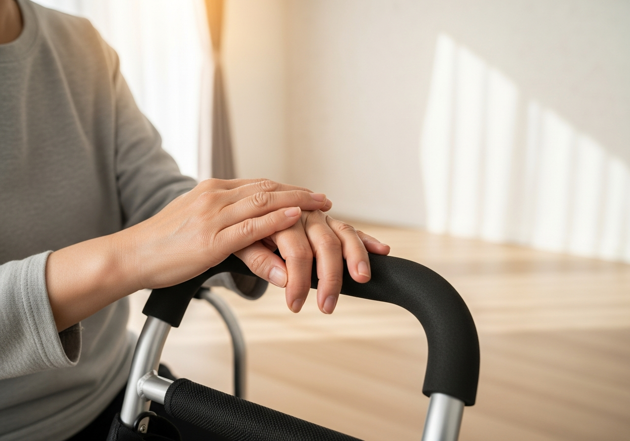 A senior woman sitting next to a rollator in a mall setting, enjoying leisure time.