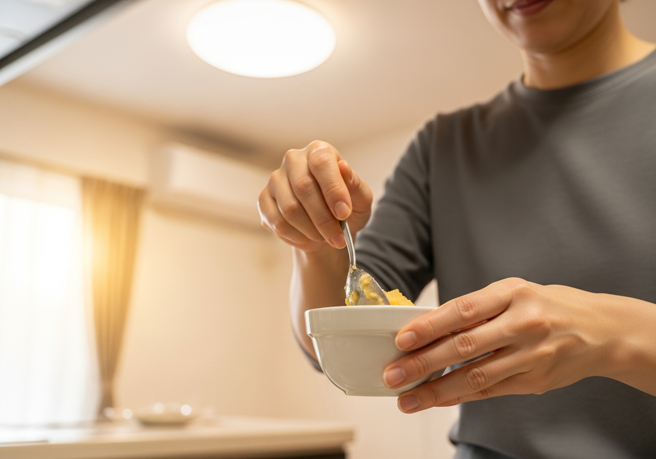 手づかみで伸びるお餅を食べようとする爺さんの食事風景