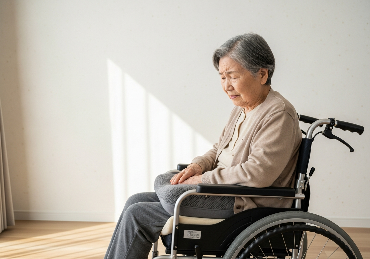 Elderly woman sitting in a wheelchair outdoors, showcasing independence & urban life.